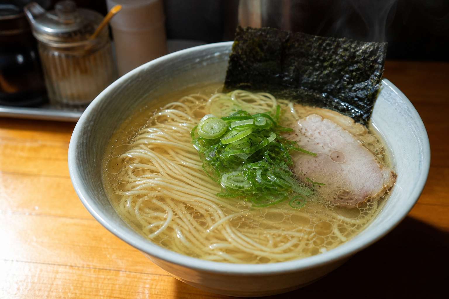 カウンター越しに見える、湯気の立つ丼と麺の麺線