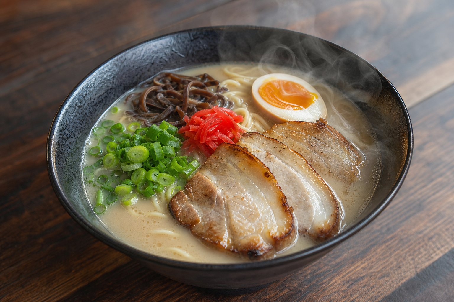器に注がれたスープの横に、青ネギと海苔が添えられたらーめん