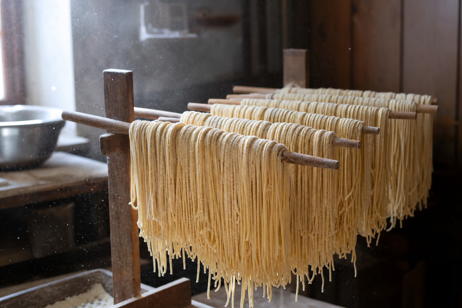 木製の作業台の上に並んだ小麦粉と麺棒、自然光の当たる厨房
